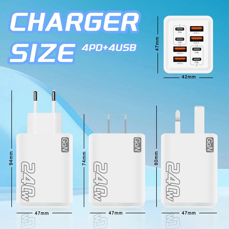 240W GaN USB C Charger 8 in 1 Fast Charging Phone Charger Power Adapter For iPhone Xiaomi Type C EU/US/UK Plug Wall Charger 2026