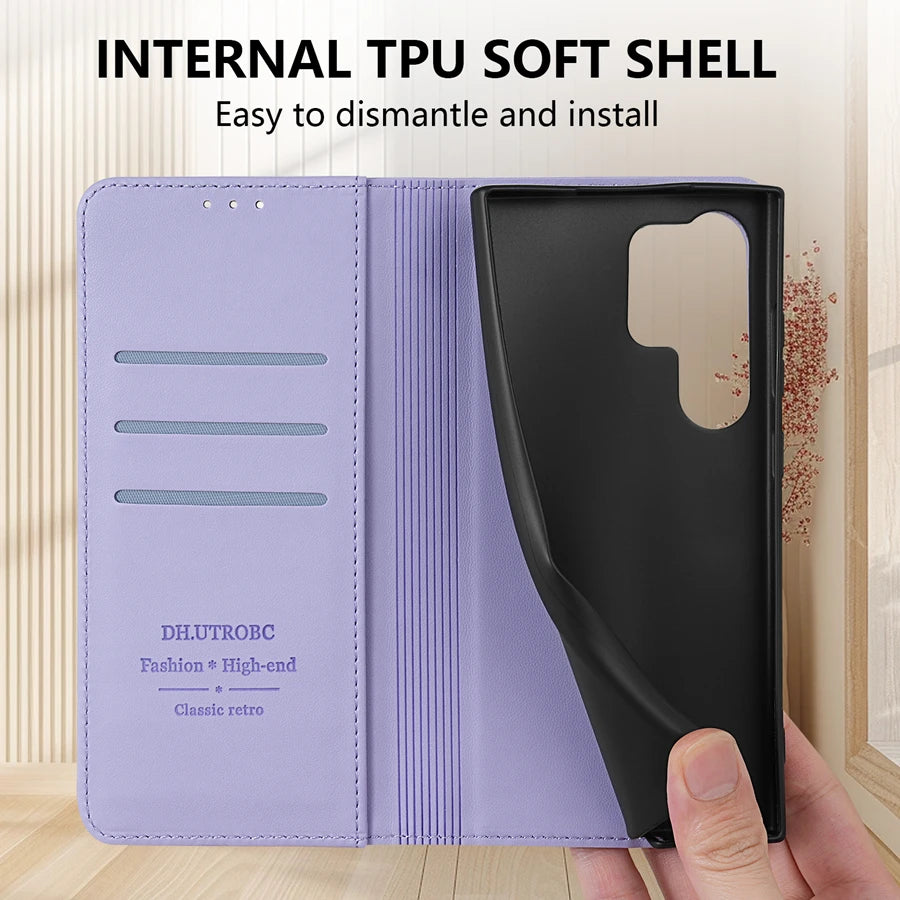 Wallet Skin Friendly Magnetic Slot Flip Leather Case For Samsung Galaxy S26 Ultra S25 Edge S24 FE S23 Plus S22 S21 S20FE S10+