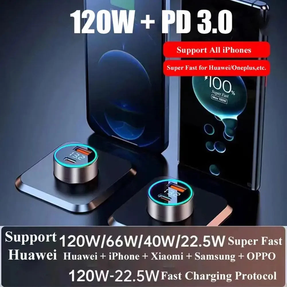 120W Quick Charging Adapter Super Fast USB Car Charger For iPhone Samsung Used For SUVs