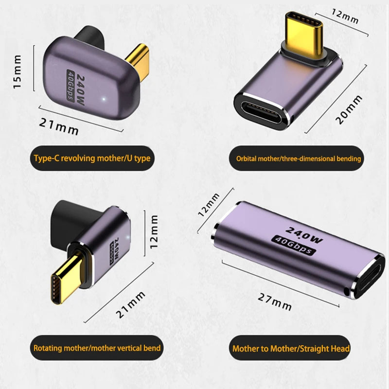 USB 4.0 PD 240W 8K 60Hz Charger Connector for Macbook 40Gbps High Speed USB C OTG U-Shape Straight Angle Male to Female Adapter