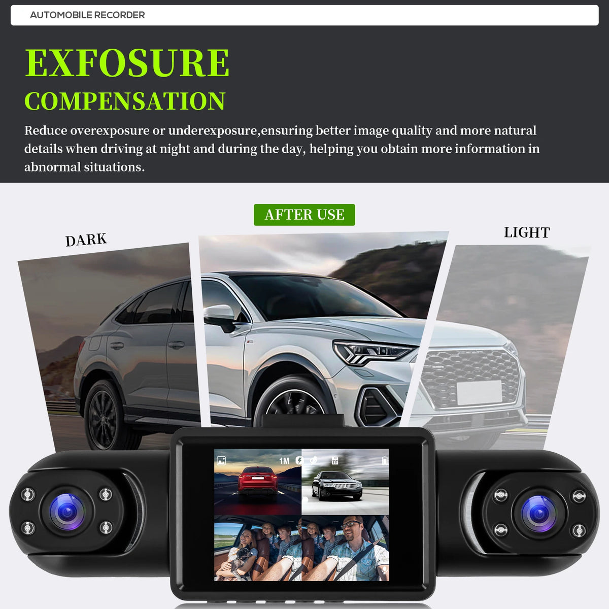 Podofo 2inch 1080P Car Dash Cam with Four High-Definition Cameras, Including 480P Left Interior, Right Interior, and Rear Cameras Loop Recording Add Hardwire Kit Car Accessories Black Box Driving Assistance Camera