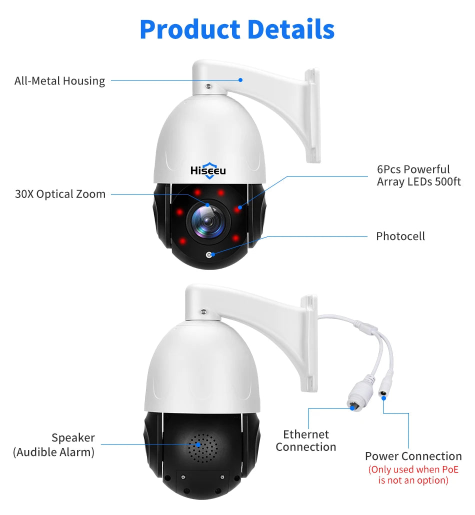Hiseeu 8MP PTZ POE Camera 30X Optical Zoom Outdoor 2-Way Audio Color Night Vision Street Surveillance IP Camera IP66 Waterproof
