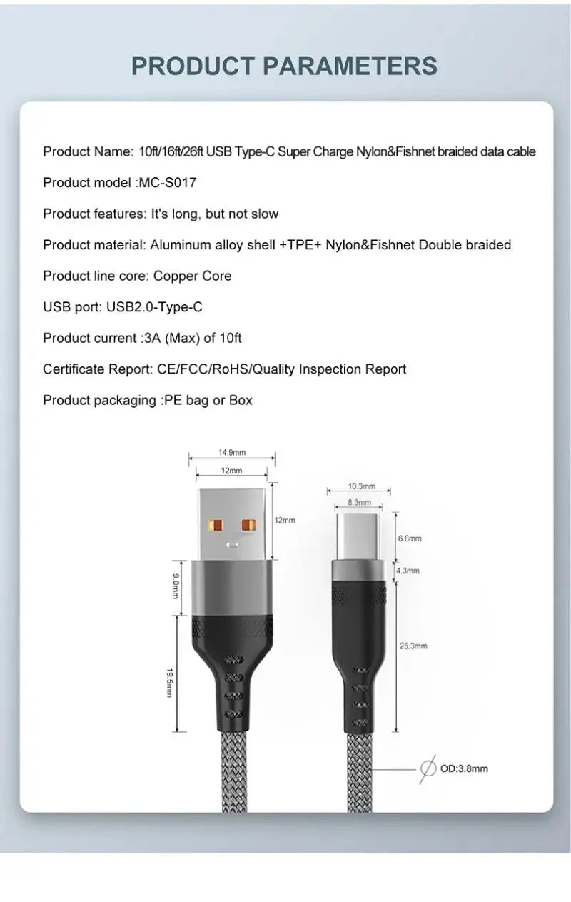 USB A to Type C Charging Extended Cable 6A Fast Charger Nylon Data Cable 1/3/5/8m For iPhone Samsung Type USB C Charging Device