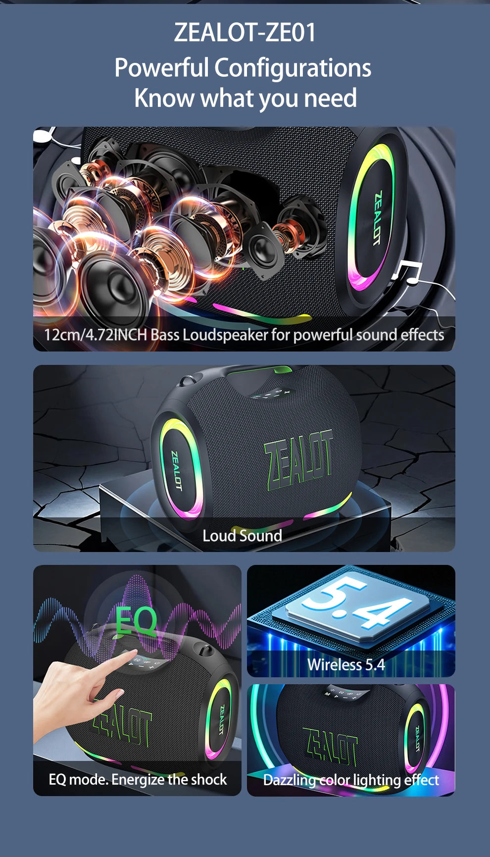 ZEALOT-ZE01 Wireless Bluetooth Speaker 120W TWS Subwoofer Bluetooth Speaker High Volume Waterproof Portable Power Bank HIFI Sound Quality Good-Looking Blue Speaker Long Battery Life