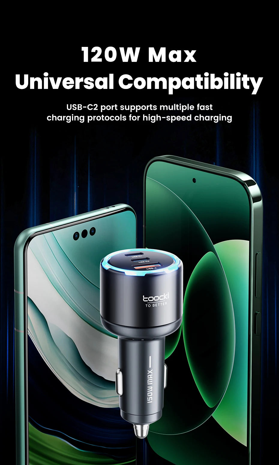 Toocki 150W USB C Car Charger PD3.0 PPS SFC3.0 for iPhone 17 Samsung S26 Ultra Xiaomi Huawei Fast USB Type C Car Phone Charger