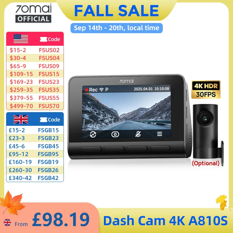 70mai A810S 4K Dash Cam IMX678 Dual HDR Supercapacitor 4G LTE Remote Control Wi-Fi 6 5GHz Voice Control GPS ADAS Car Camera