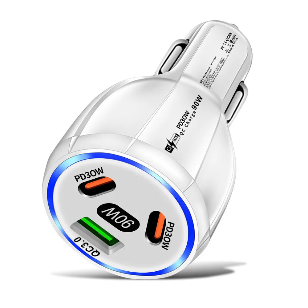 90W 3 Port Car Charger Super Fast Charger QC3.0 PD30W PPS High-Power Cigarette Lighter Fast Charger for iPhone/Huawei/Samsung