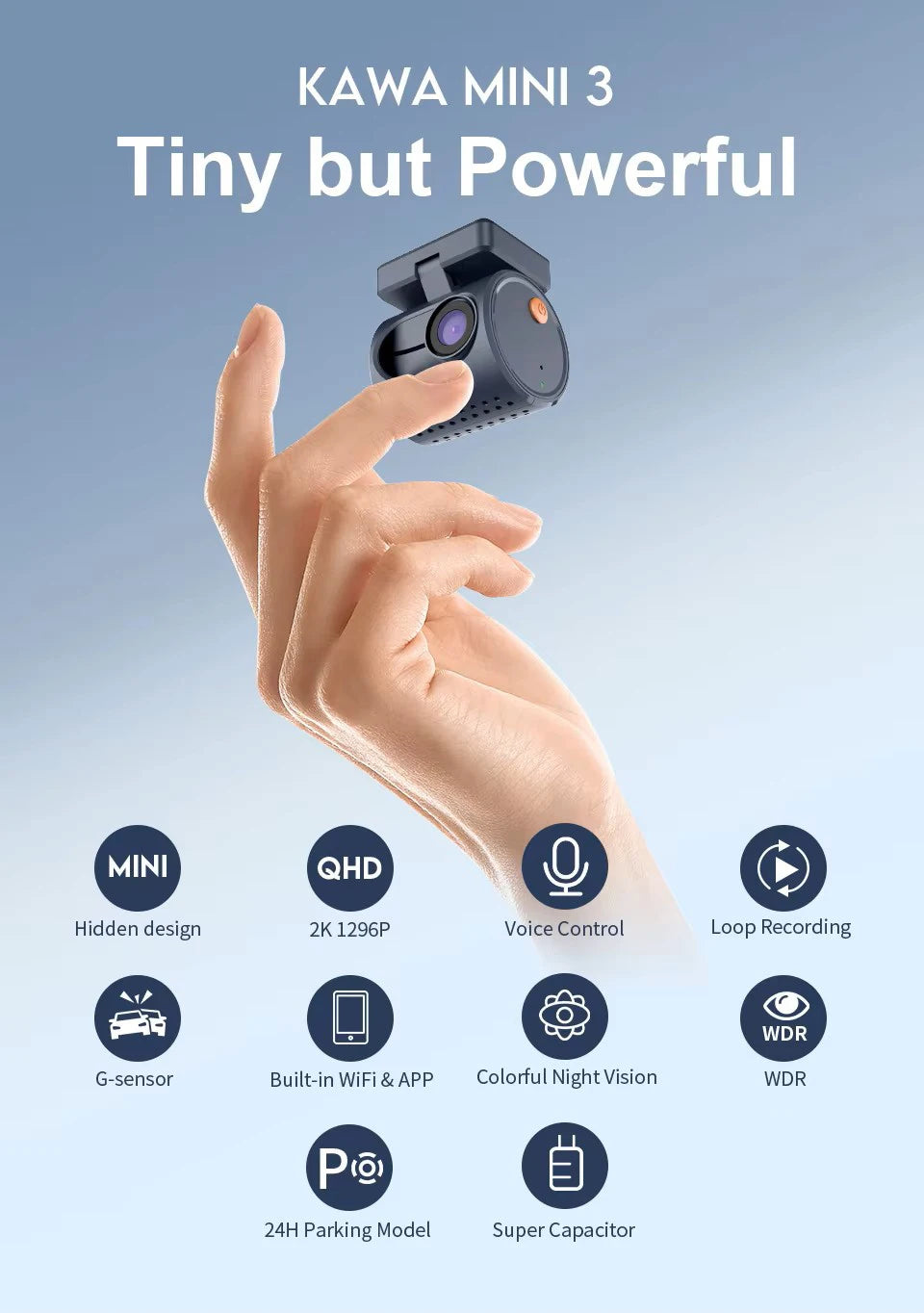 2K Mini Dash Camera Front DVR KAWA MINI 3 Hidden Dash Cam Video Recorder Emergency Voice Control Night Vision WiFi Dashcam