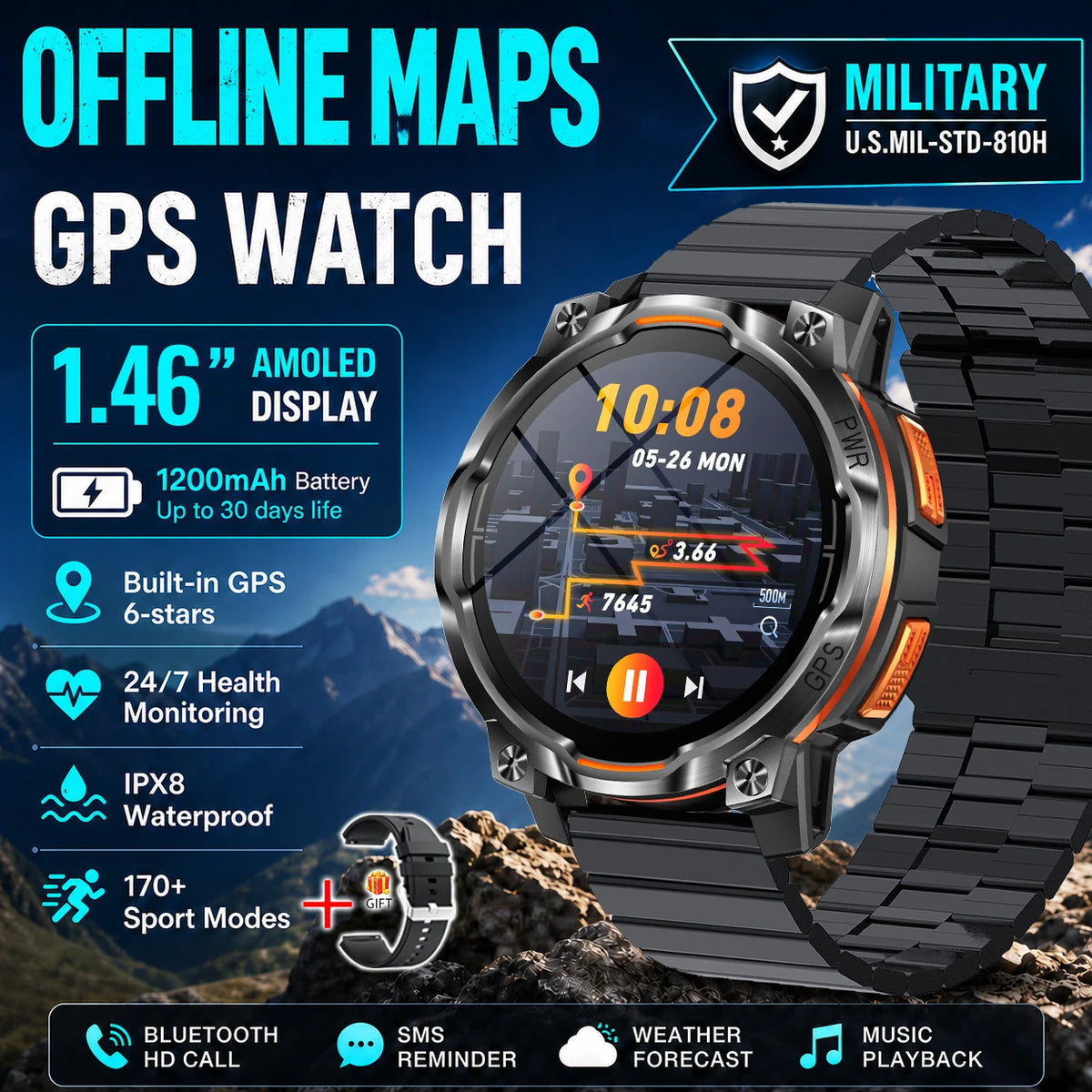 Men Outdoor GPS Smartwatch Offline Map 107 Sport Modes 1200mAh Battery BT Call Heart Rate BP SpO2 Fitness Sports Wrist Watch