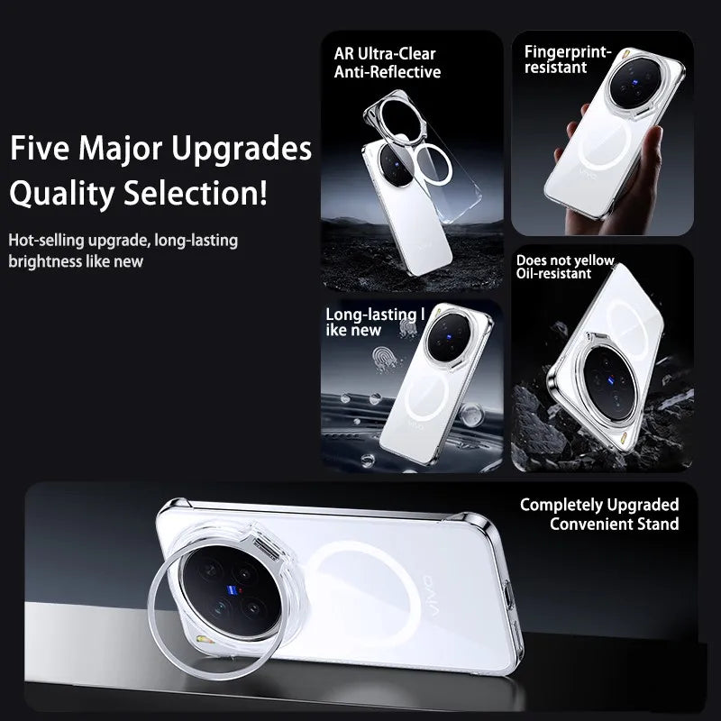 Acrylic Slim Frameless Transparent Case For Magsafe VIVO X300S X300 Pro Ultra Wireless Charging Lens Metal Stand Holder Cover