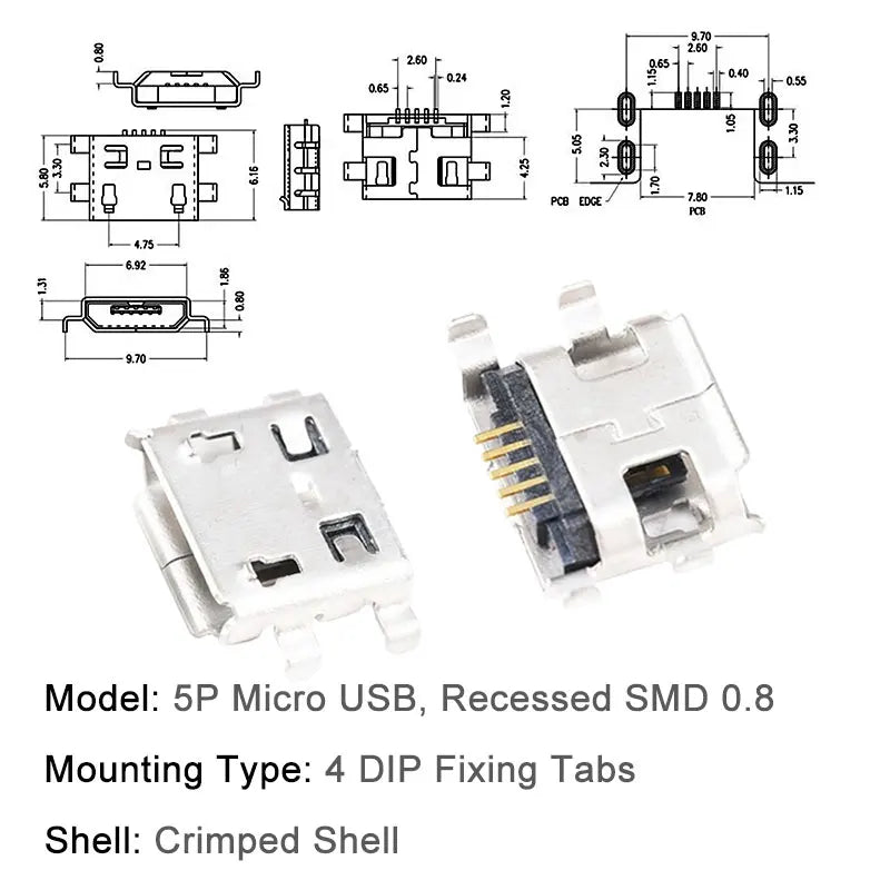 10PCS Micro USB Android Female Charging Socket, Flat Edge Crimped Type, 5Pin, 4 Mounting Pins, SMD & DIP Tail Connector