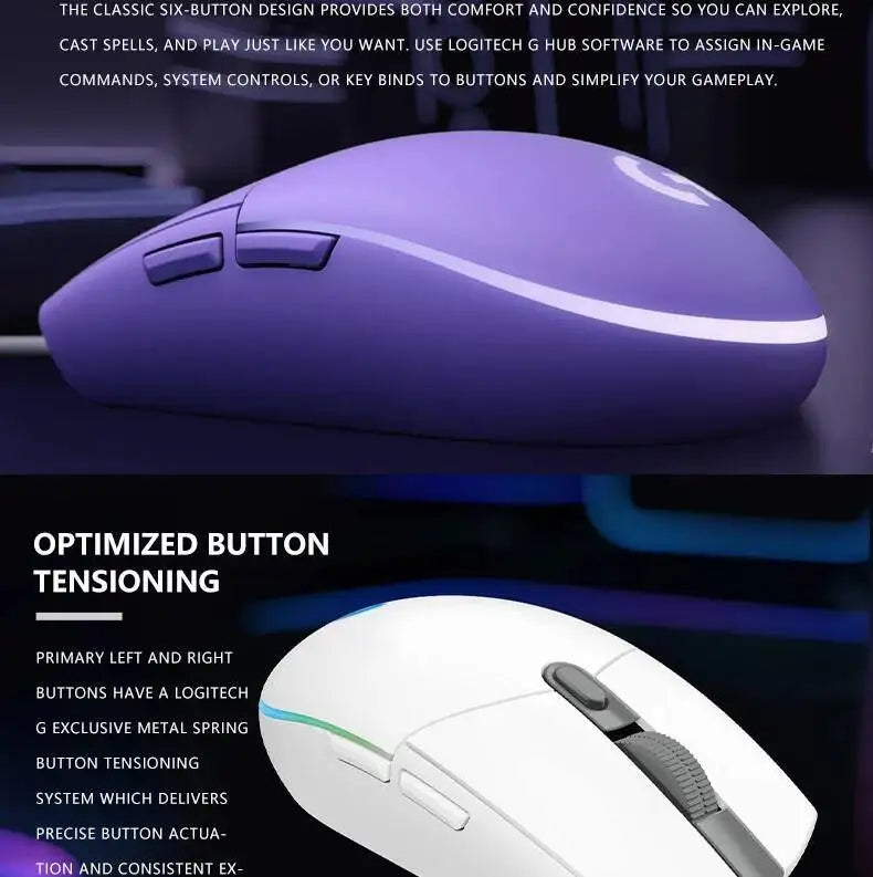 Logitech G203 Prodigy Wired Gaming Mouse 8000 DPI RGB Lighting 6 Buttons On-Board Memory 2.1m Cable Windows ChromeOS