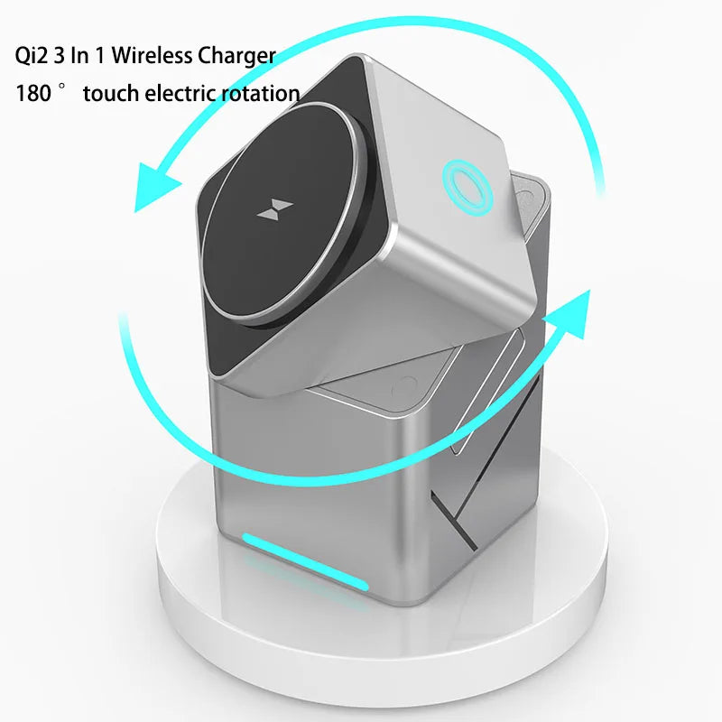 Rotating Qi2 3in1 15w Magnetic Wireless Charger Stand For iPhone 16 15 14 13 12 Max iWatch Airpods Fast Charging Dock