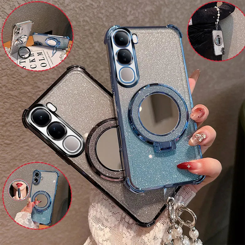 Bling Glitter Lipstick Mirror Stand Phone Case For Vivo Y31 5G Y21D With Pearl Chain Girls Women's Anti-drop Shockproof Cover