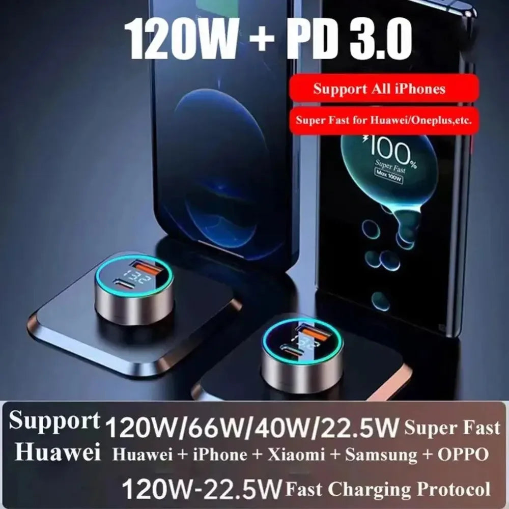 120W Quick Charging Adapter Super Fast USB Car Charger For iPhone Samsung Used For SUVs