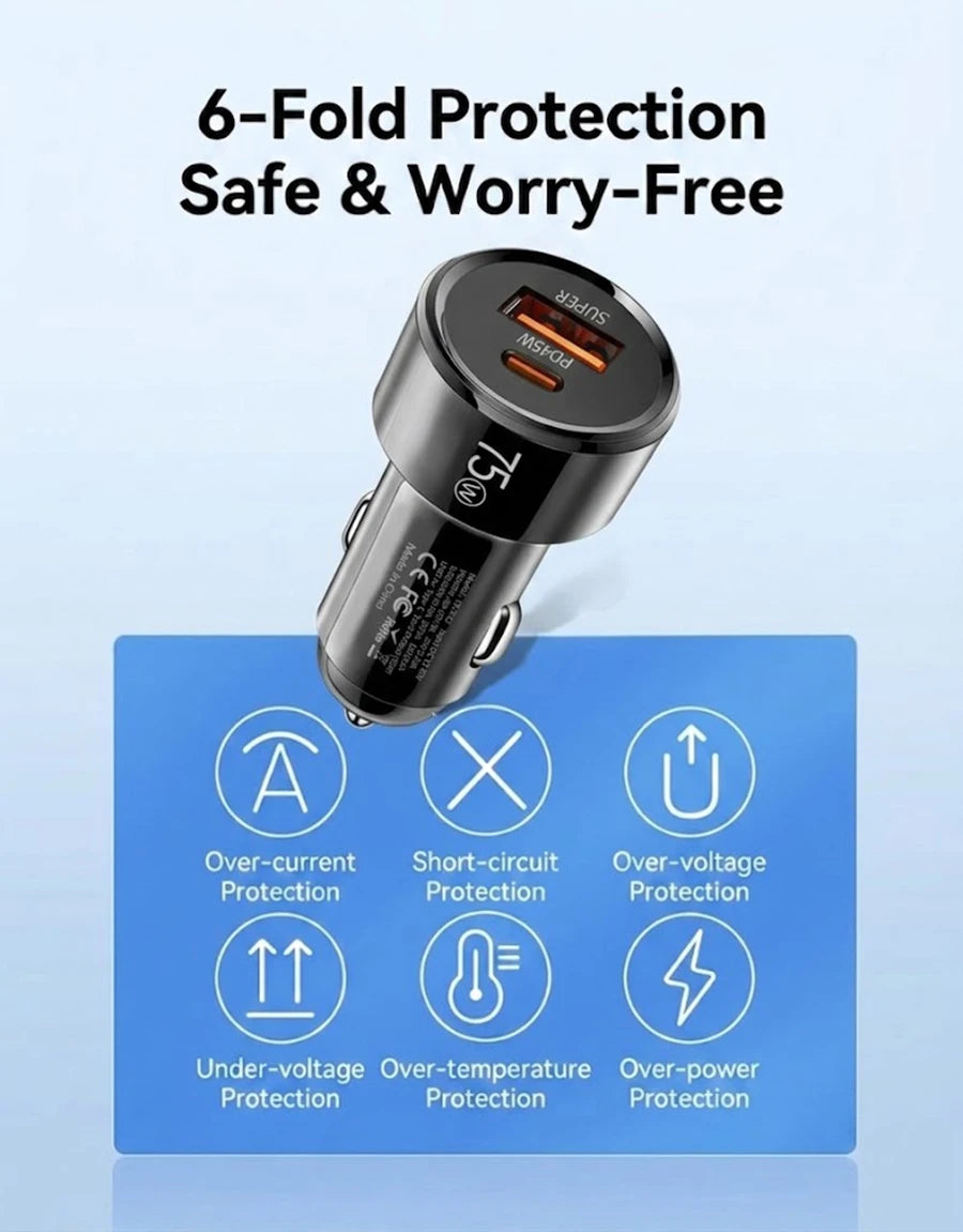 Dual Port 75W Vehicle Charger PD 45W QC 30W Fast Charging Auto Adapter Intelligent Chip Multiple Protections For Cars For iPhone