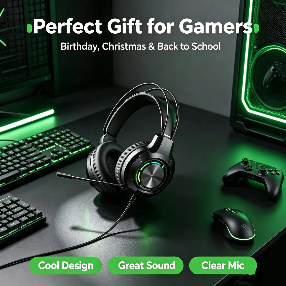 Over-Ear Gaming Headphone 7.1 Surround Sound ENC Noise Cancelling Mic RGB LED Wired Headset for PC PS4 PS5 Xbox Laptop Desktop