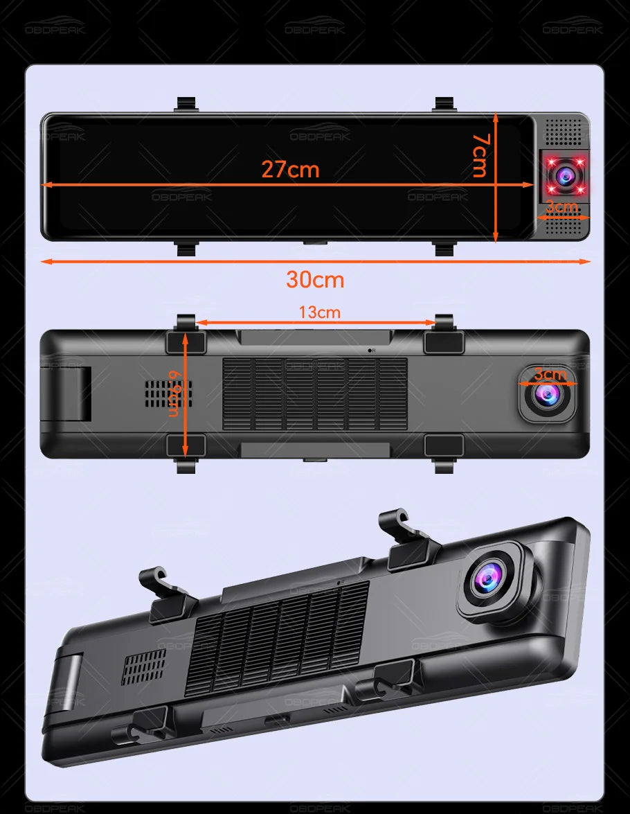 OBDPEAK 3 Camera Dash Cam 4K Car DVR Front Inside Rear 1080P GPS Tracking Night Vision Video Registrator Dashcam Parking Monitor