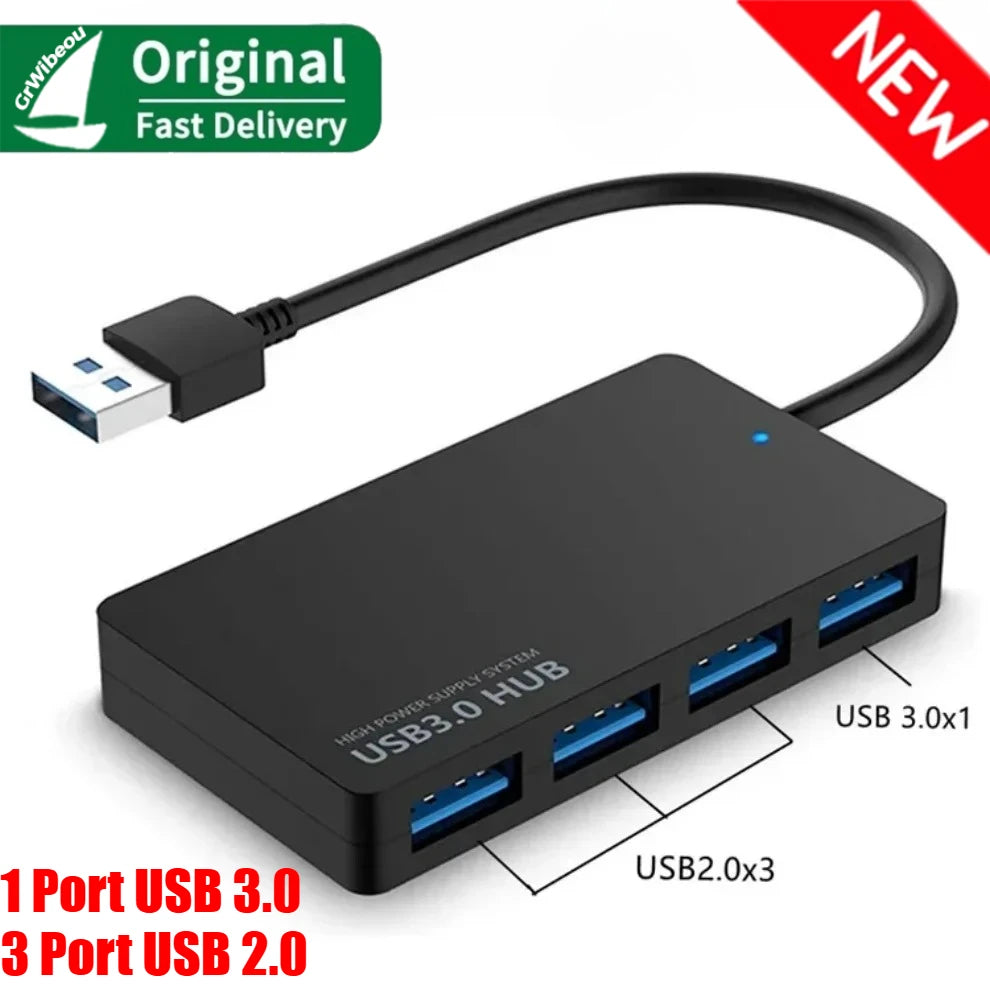4 Port HUB USB 3.0/2.0 HUB Multi USB Splitter 4 Port Multi USB HUB Adapter Expander Splitter for Notebook Laptop PC Plug & Play