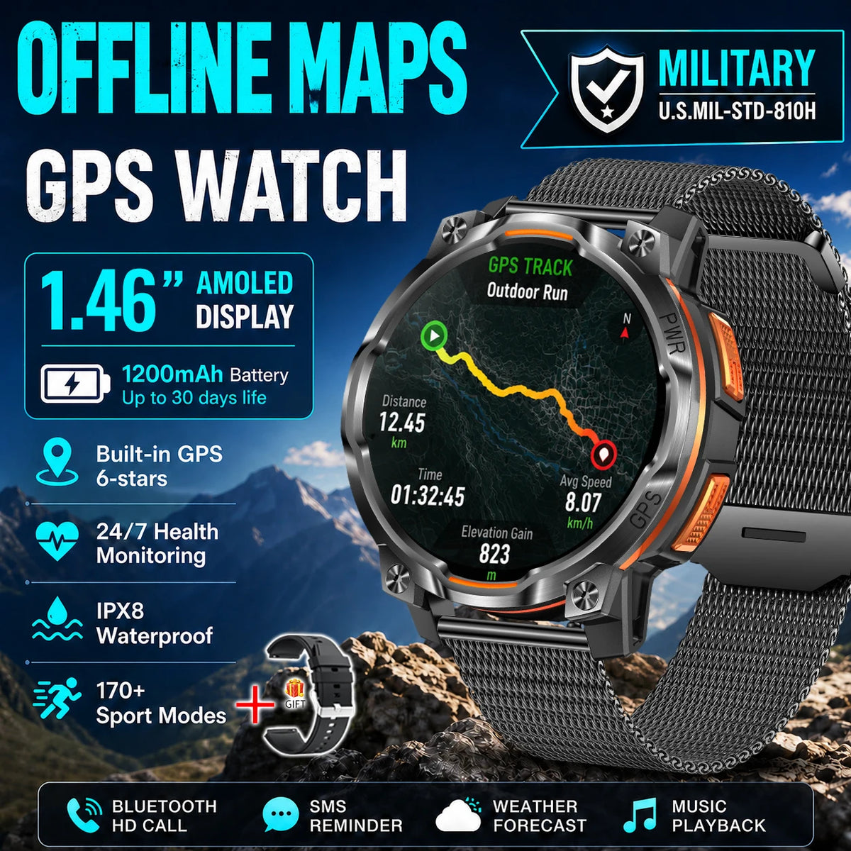 Men Outdoor GPS Smartwatch Offline Map 107 Sport Modes 1200mAh Battery BT Call Heart Rate BP SpO2 Fitness Sports Wrist Watch