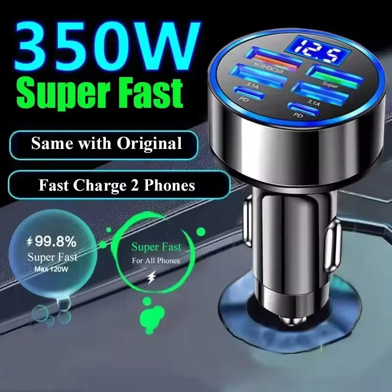 USB Car Fast 1 Pcs 350W Quick Charging Charger 6 Port PD QC3.0 USB C Car Phone Charger Type C Adapter For iPhone Samsung Huawei