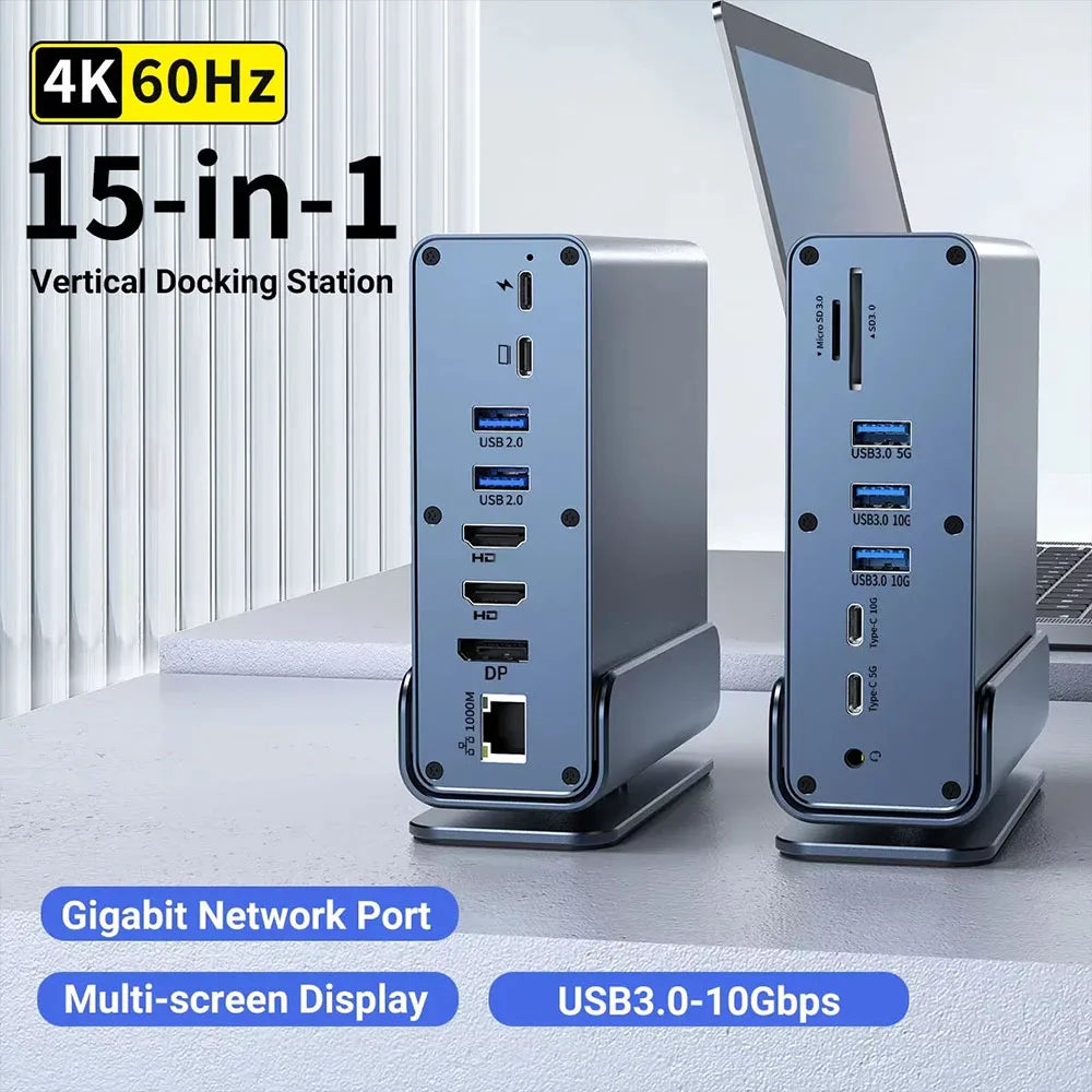 15-in-1 USB C Hub Triple Monitor 4K@60Hz DP Hub with 10Gbps USB3.2 RJ45 Gigabit PD 100W SD/TF & 3.5mm Audio for Laptops