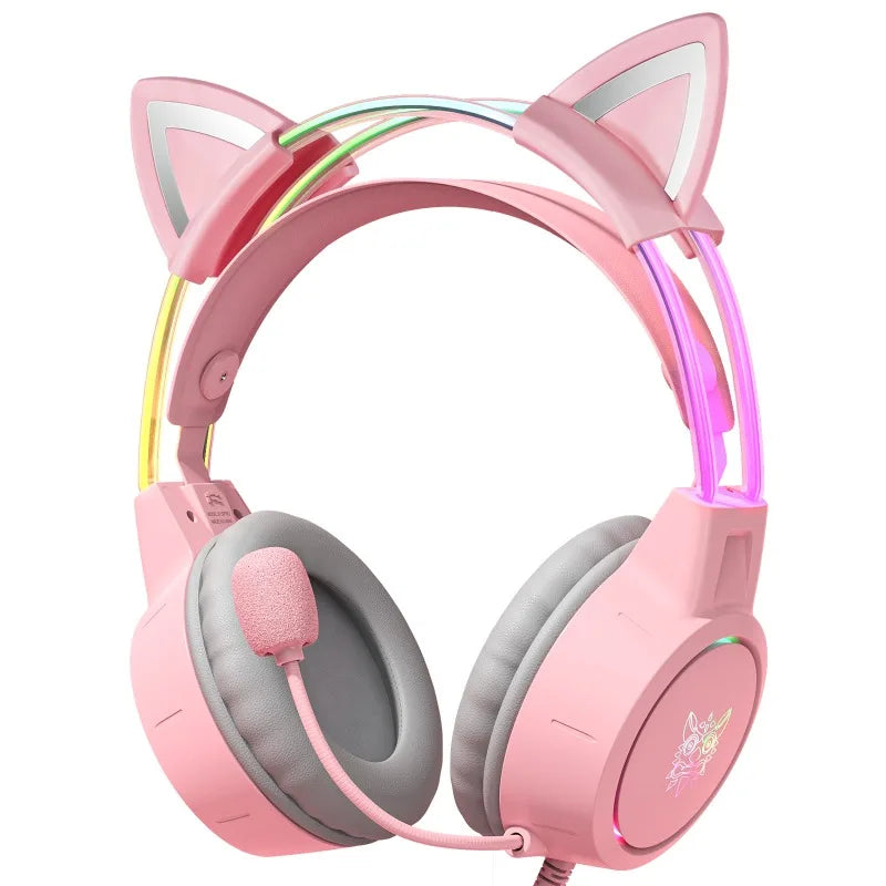 ONIKUMA X15 Pro Pink Cat Ear Gaming Headset Wired RGB Headphones 50MM Driver 3.5MM Stereo Sound Flexible Mic for PC PS4 PS5 Xbox
