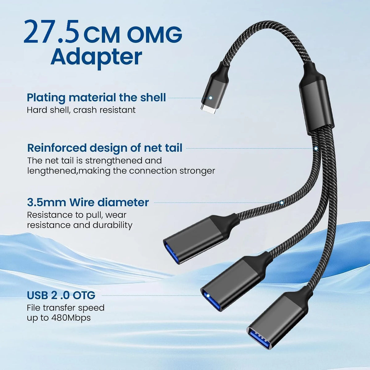 USB Splitter Cable 1 in 3 Out, USB-A Expansion Hub, Multi USB Port Expansion Converter for Car, Laptop, PC/Computer, Keyboard/Mo
