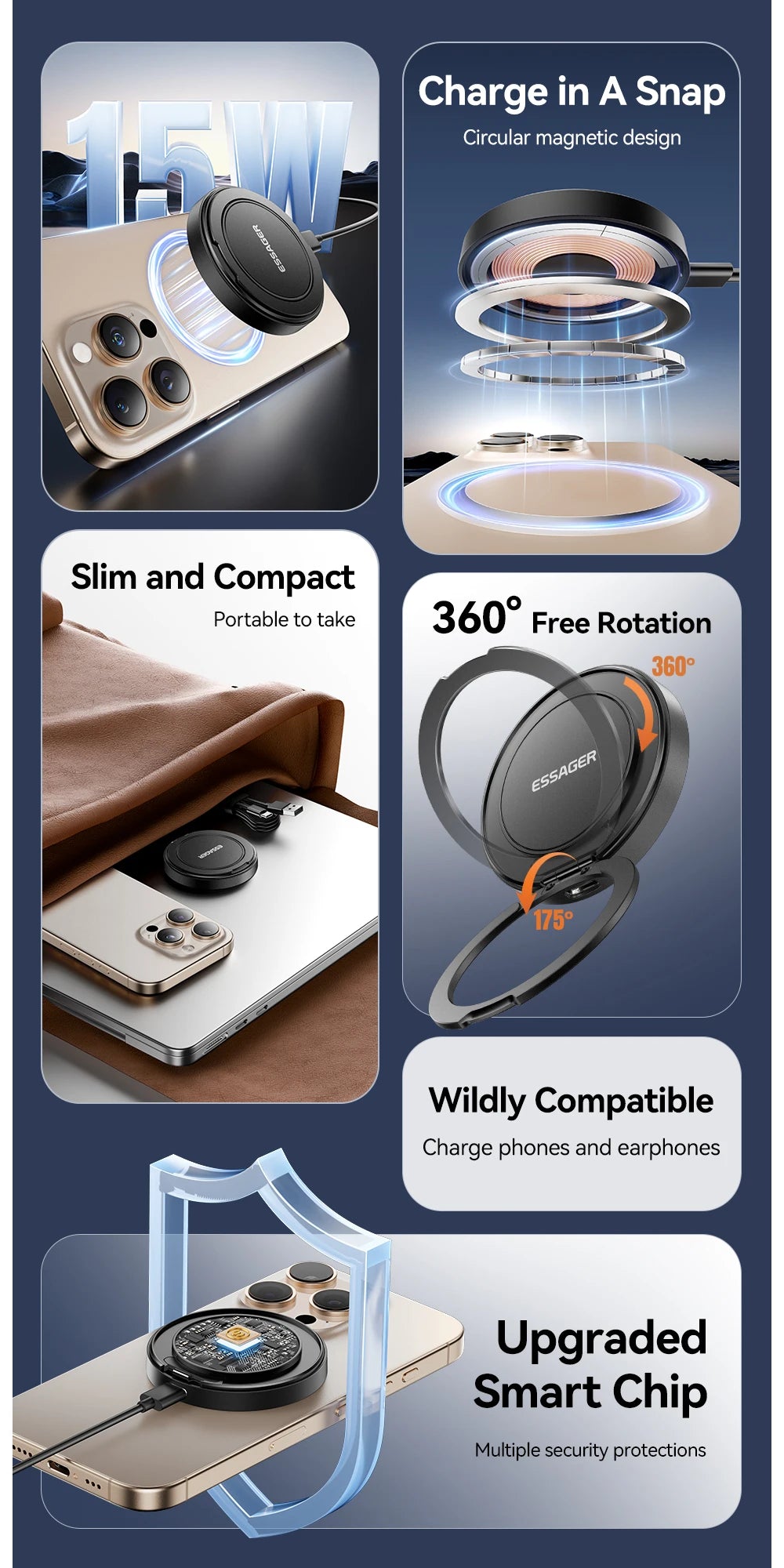 Essager Magnetic 15W Wireless Charger Fast Charging Pad Stand for iPhone 15 14 Airpods USB To Typec Phone Chargers Dock Station