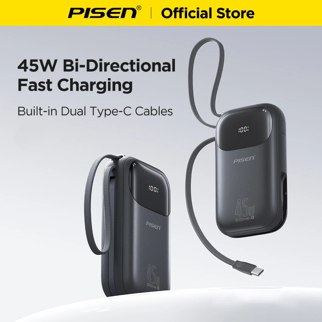 PISEN 45W Fast Charging Power Bank Built-in Dual USB-C Cable 10000mAh/ 20000mAh Mini Portable Powerbank For iPhone 17 Xiaomi