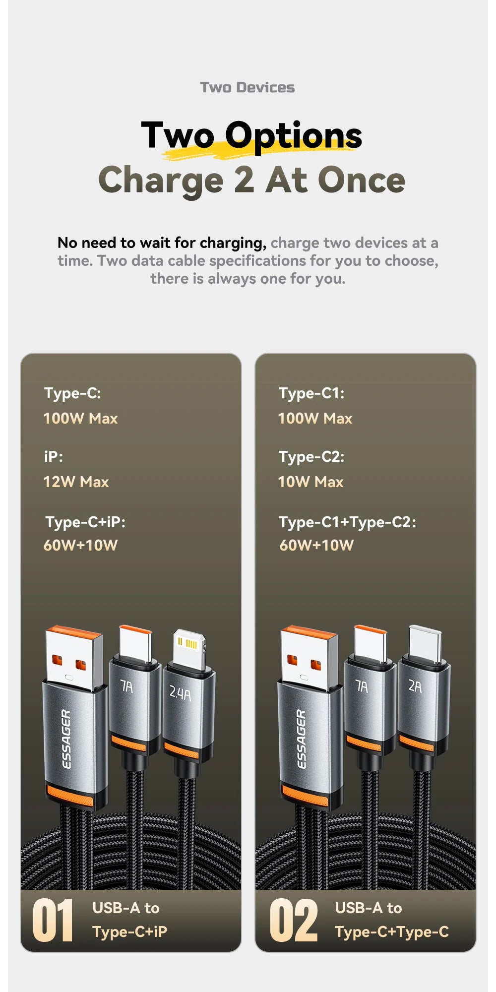 Essager 2 in 1 USB Cable 7A Charger Cable for iPhone 15 16 USB A To Type C to Lighting Cable for Macbook Samsung Xiaomi Huawei