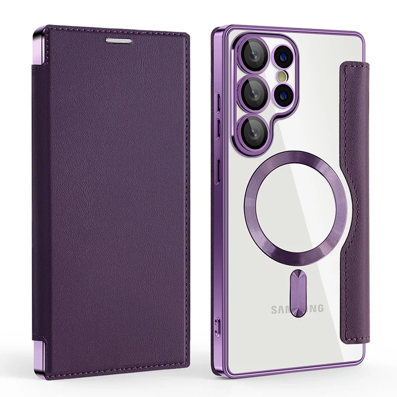 For Magsafe Magnetic Luxury Solid Color Leather Flip Wallet Card Slot Phone Case For Samsung S25 Ultra S23 S22 S24 Ultra Plus