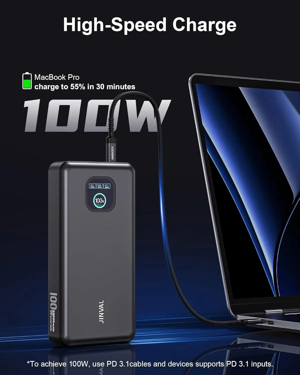 JINVAL Power Bank 25000mAh 100W 3-Port Portable Charger, PD 3.1 Fast Charging Phone Battery Pack for iPhone 17/16, MacBook, iPad