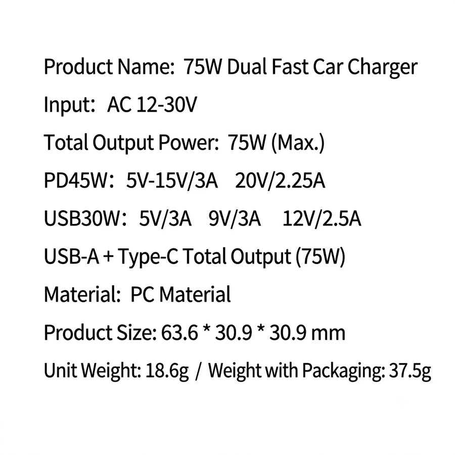 Dual Port 75W Vehicle Charger PD 45W QC 30W Fast Charging Auto Adapter Intelligent Chip Multiple Protections For Cars For iPhone