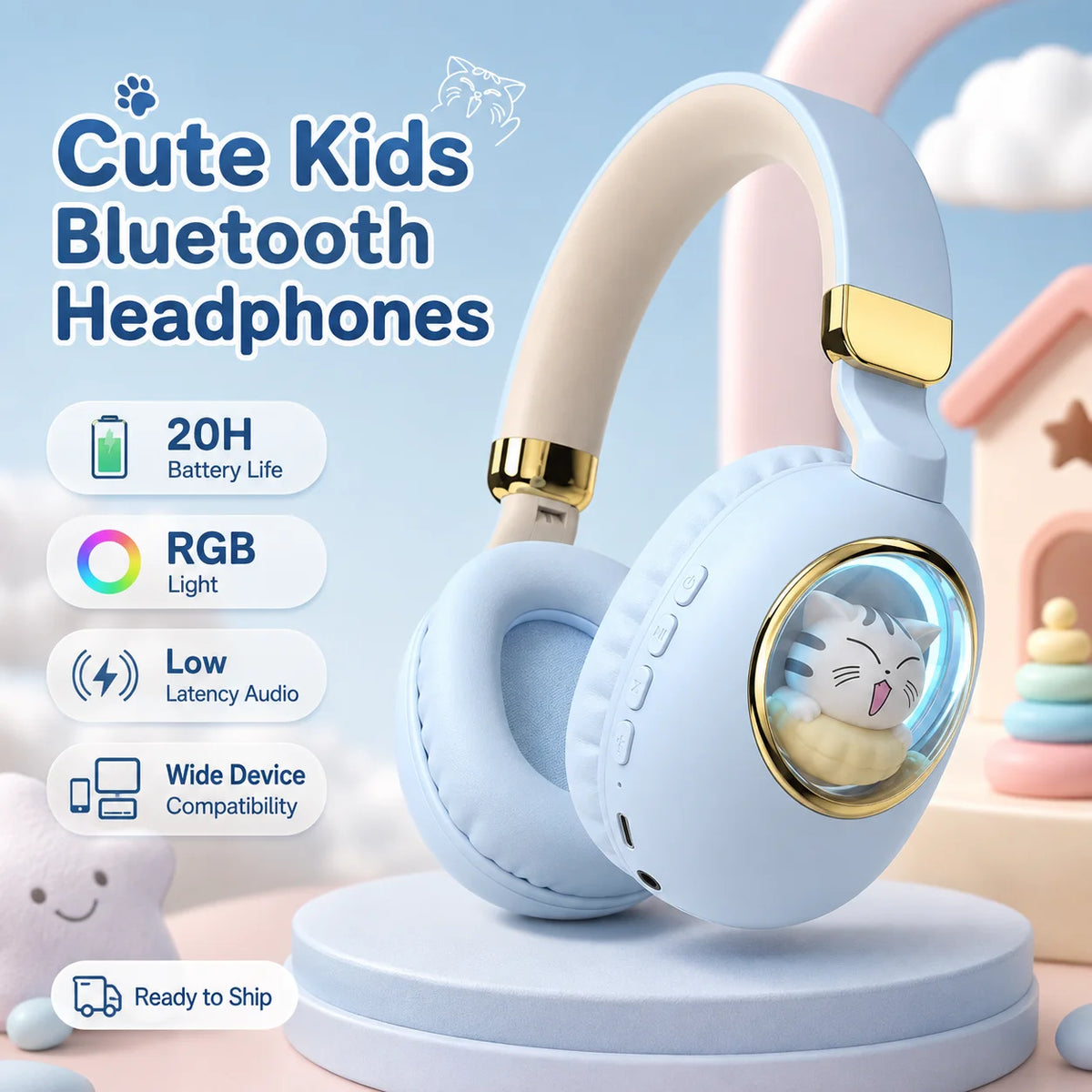 Kids Wireless Headphones with RGB light, 20H Battery Life, Transparent Capsule Cartoon Design, Bluetooth 5.3 Foldable Headset