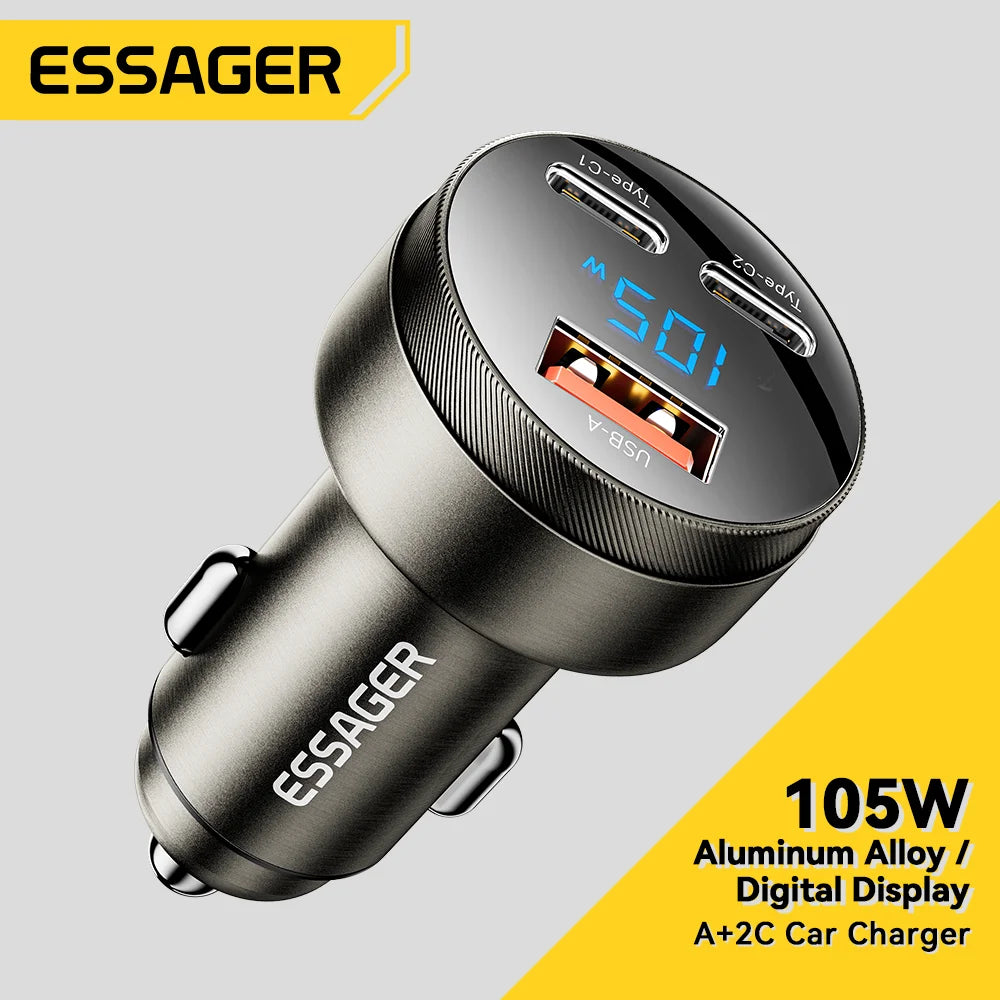 Essager USB C Car Charger 105W Quick Charge PD3.0 QC4.0 3.0 SCP PPS USB Type C Fast Charging For iPhone 15 14 13 Samsung Xiaomi