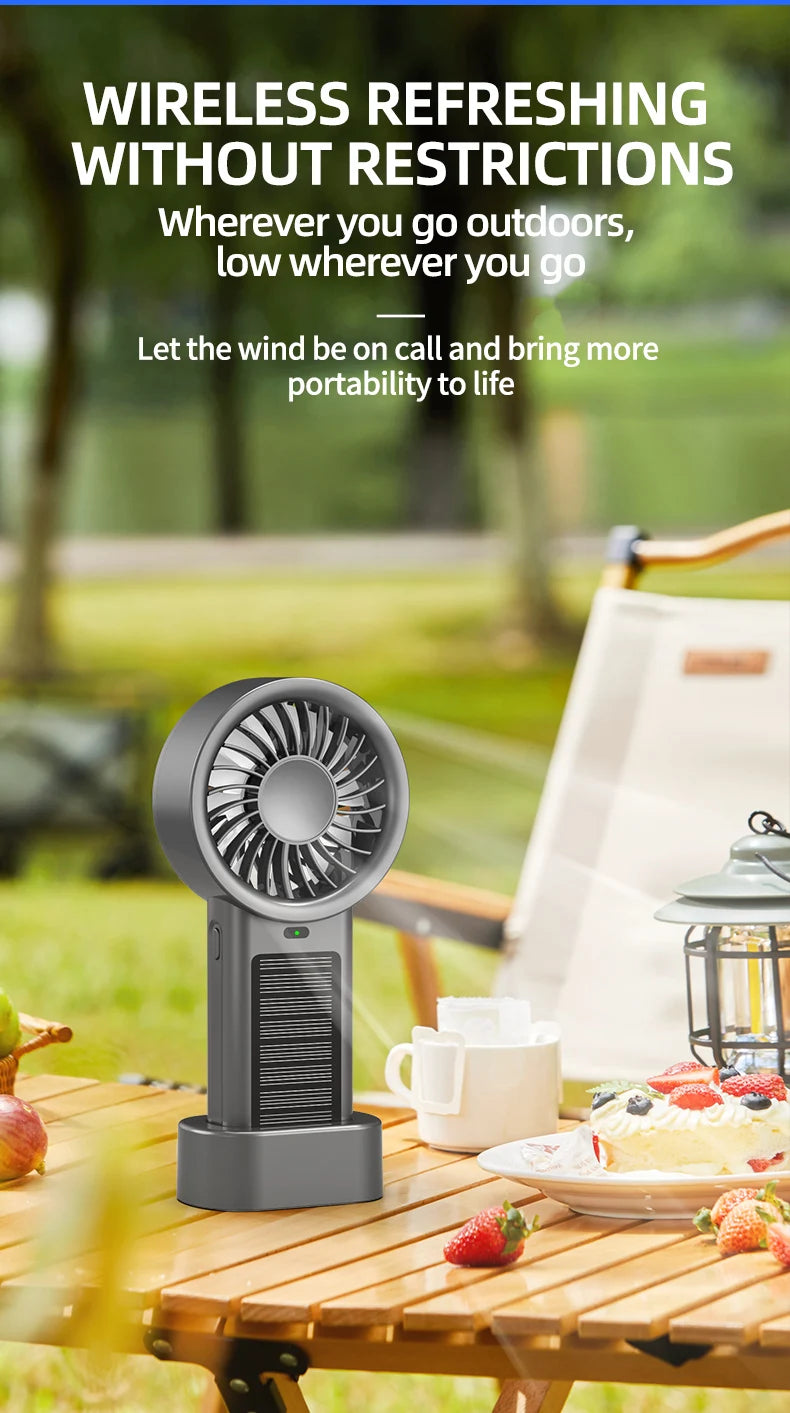 Solar Handheld Fan Small Dekstop Fan USB Light Rechargeable Portable Mini Air Cooling Hand Fan for Outdoor Camping Travel Hiking
