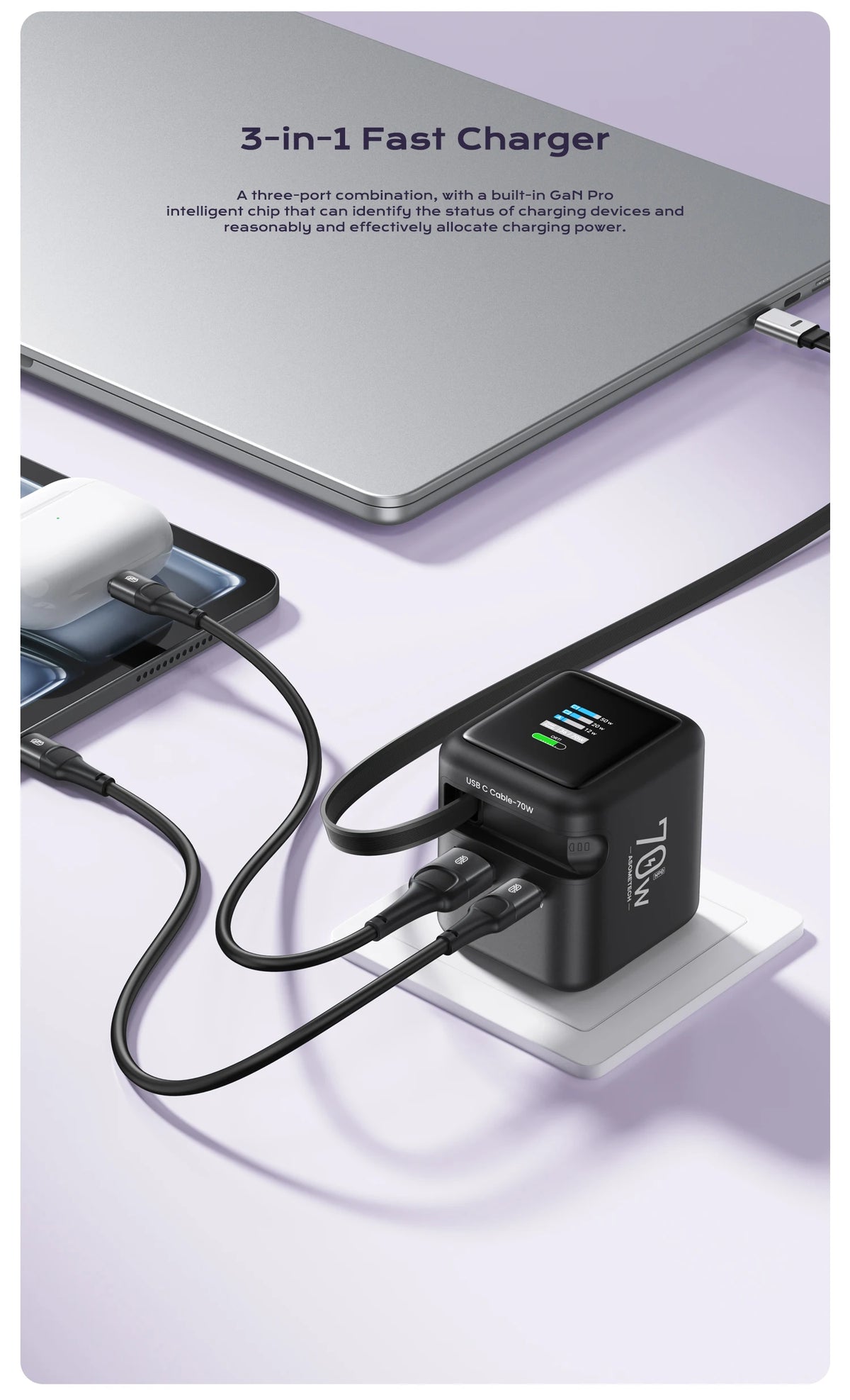 70W GaN Fast Charger with Type-C Retractable Cable 3 IN 1 PD3.0 QC4.0 PPS Fast Charging for IPhone 16 15 14 Xiaomi Tablet Laptop