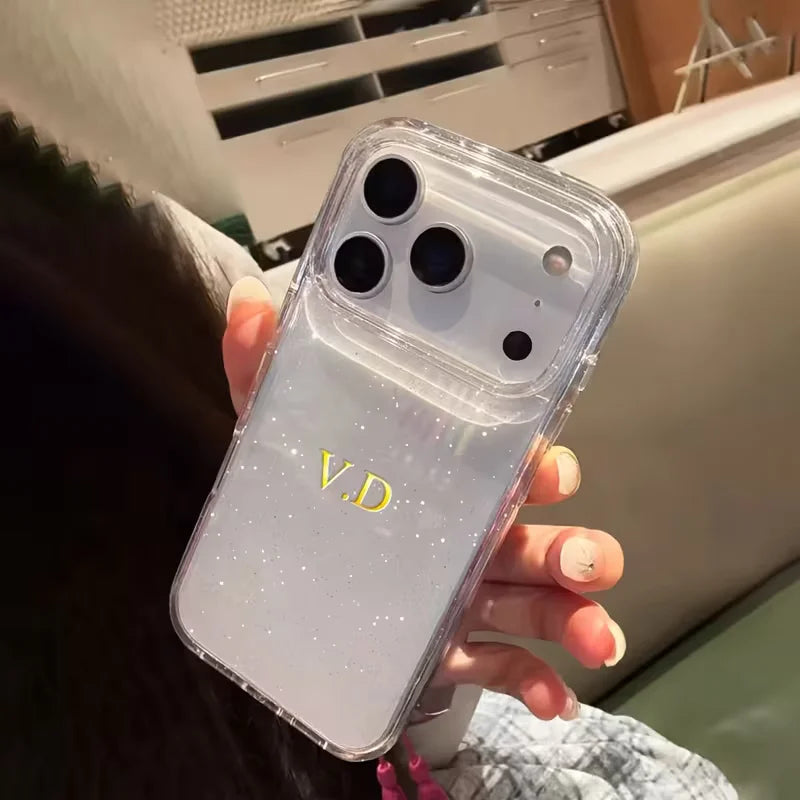Personalized Custom Name Hot Foil Engraved Transparent With Fine Glitter Phone Case For iPhone 13 14 15 16 17 Pro Max 17 Air