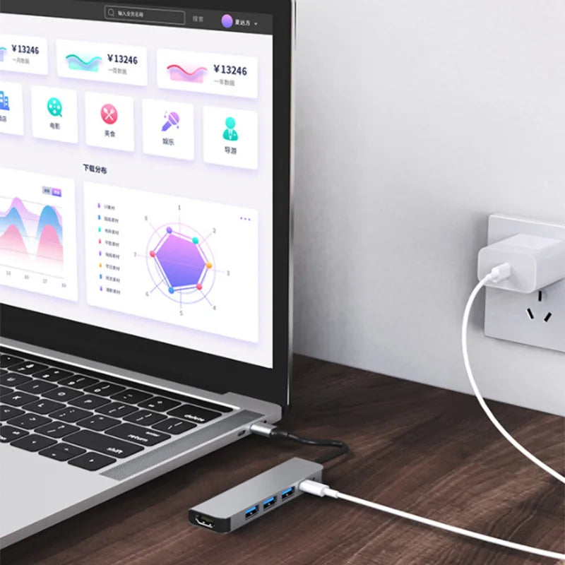 5 Ports USB C Hub to 4K HDMI-Compatible PD Fast Charge USB 3.0 2.0 HUB Type C Charging Docking for MacBook iPad Samsung