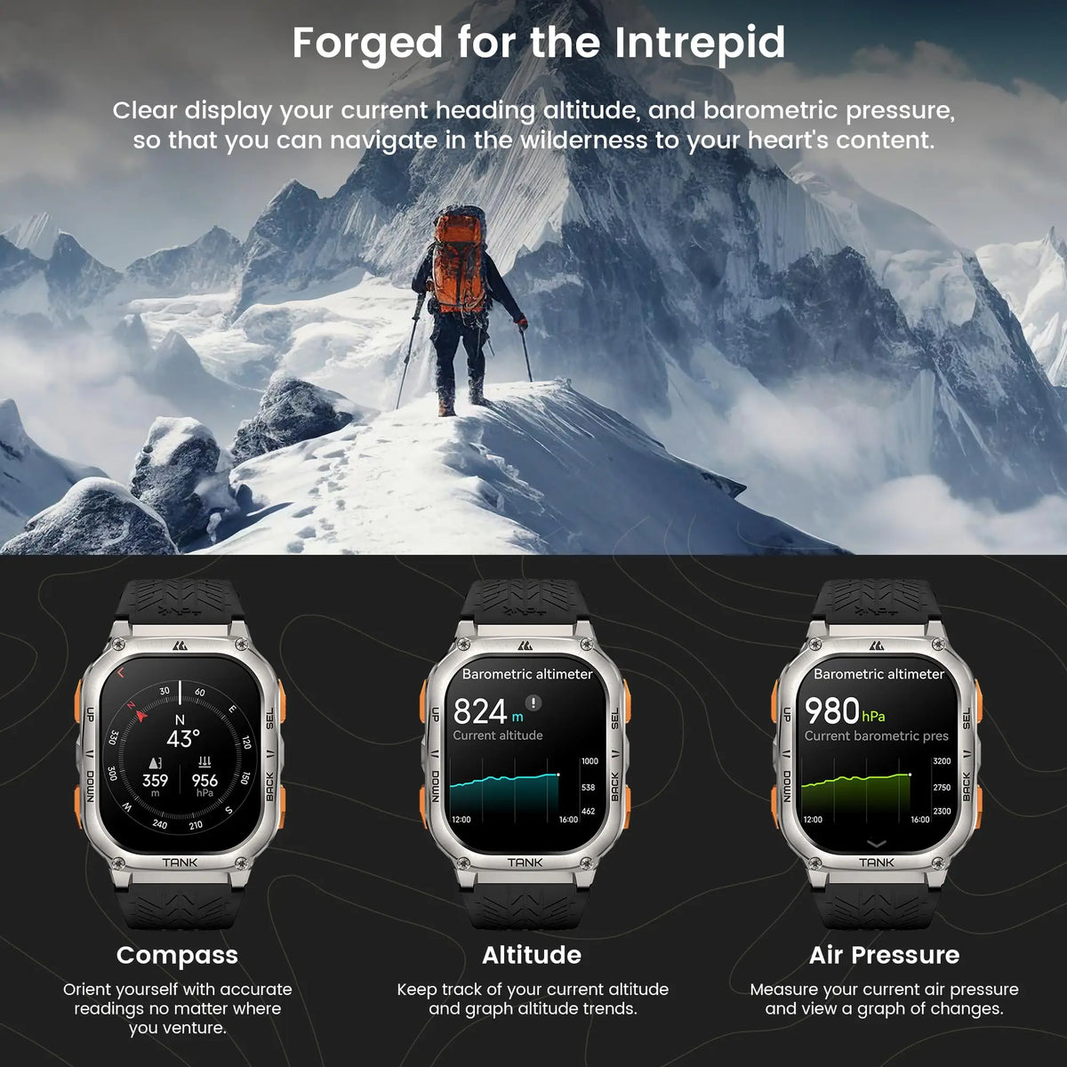 KOSPET TANK M3 Ultra GPS Smart Watch Men Military Grade Compass Altimeter Barometric 480mAh 60Day Battery IP69K 5ATM Waterproof