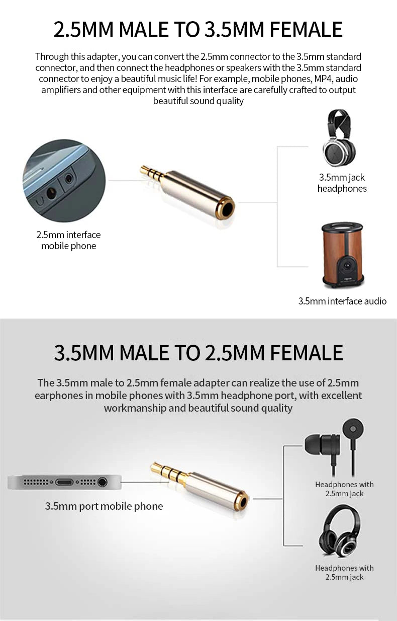 Jack 3.5 Mm to 2.5 Mm Audio Adapter 2.5 Mm Male to 3.5 Mm Female Plug Connector for Aux Speaker Cable Headphones Microphone Jack