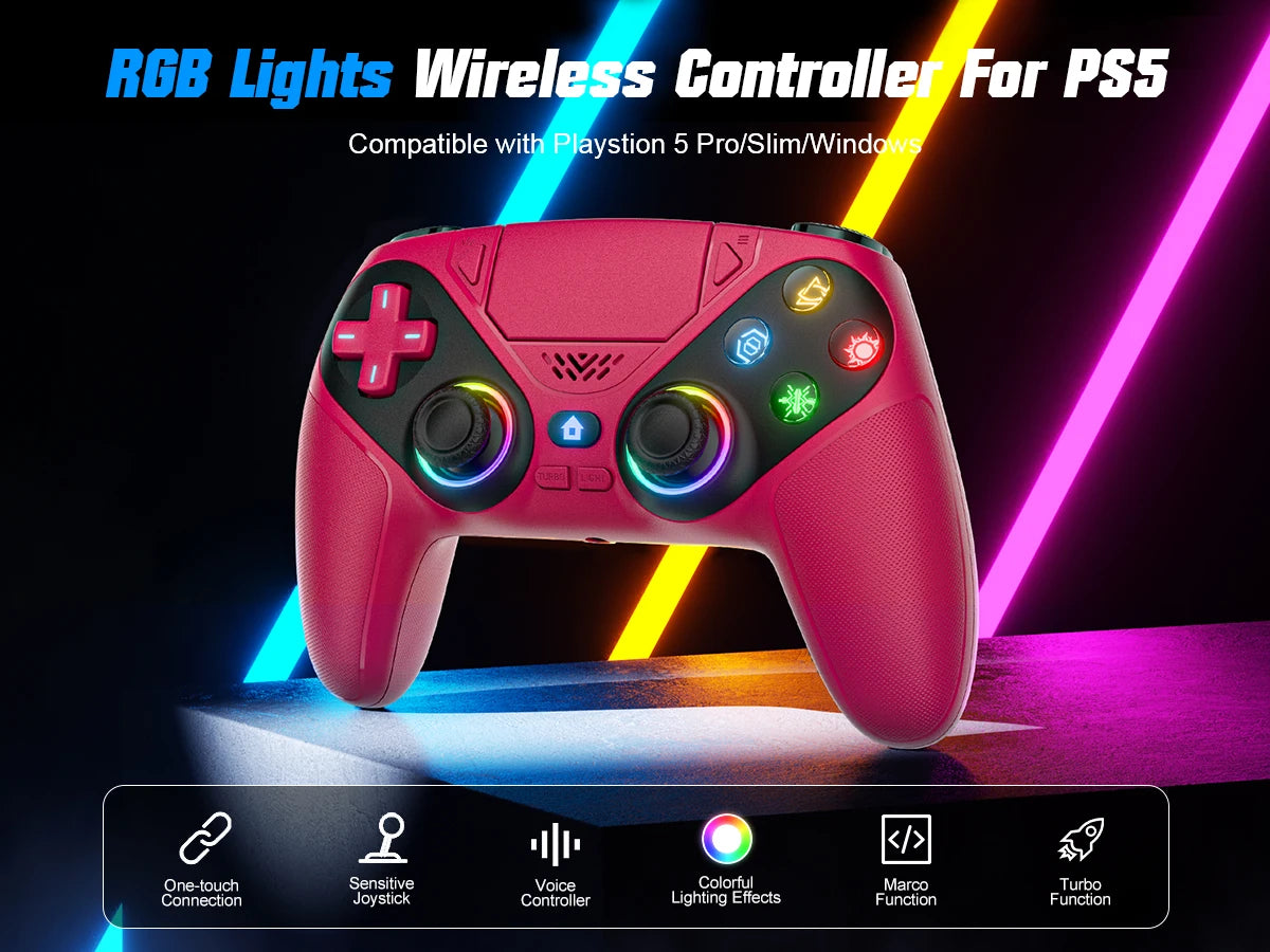 RGB Gamepad For Playstation 5/PS5 Pro/Slim/PC Wireless PS5 Controller 3D Game Joystick Dual Vibration Macro/Turbo Function