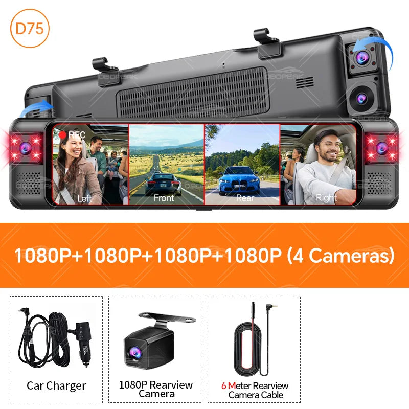 D75 Rearview Mirror FHD 1080P Dash Cam 4CH 360° Record Car Dvr Infrared 5G WIFI APP Video Recorder GPS Track Super Night Vision