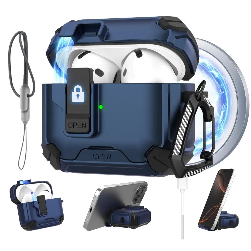 for AirPods 4/for AirPods Pro 3 Case Automatic Lock with MagSafe Phone Bracket Protective Case with Lanyard For AirPods Pro2/Pro