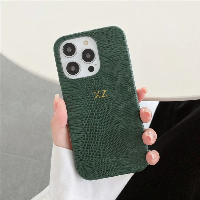 Personalise Gold Initials Letters Leather Case For Iphone 17 Pro Max 16 15 14 13 Pro Max Luxury Lizard PU Hard Cover