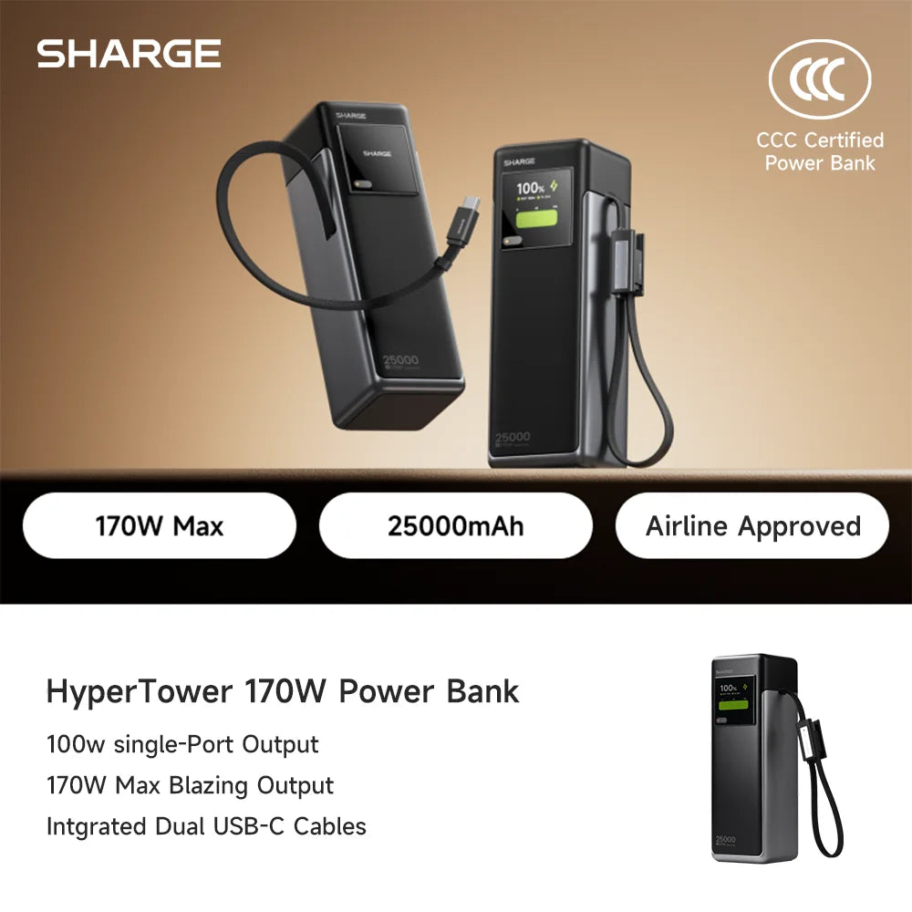 SHARGE 170W Laptop Power Bank 25000mAh Dual Built-in USB-C Cable Fast Charging Battery Pack for iPhone 17/16 Pro Max MacBook