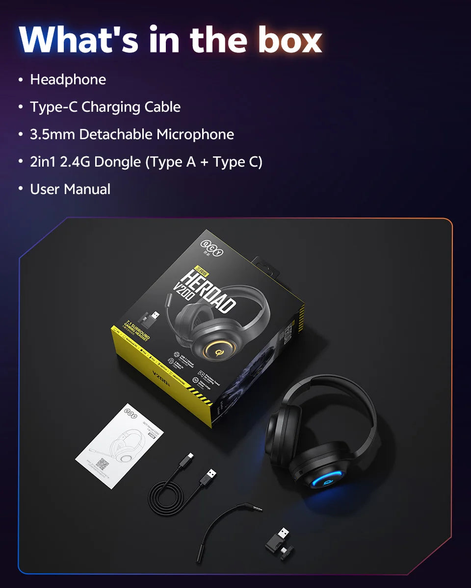 QCY Heroad V200 Over Ear Headphones 50mm Driver 7.1 Surround Sound Headset Wireless Bluetooth 6.0 Earphones for PC Laptop PS4/5