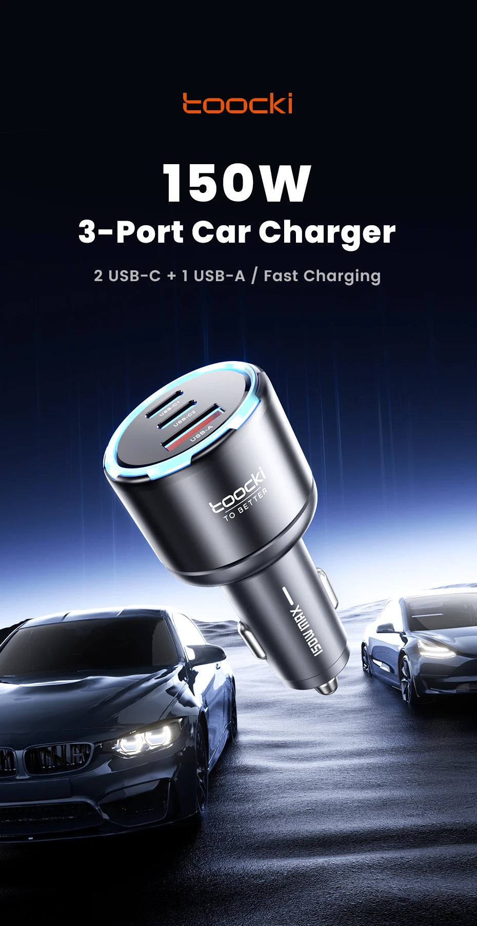 Toocki 150W USB C Car Charger PD3.0 PPS SFC3.0 for iPhone 17 Samsung S26 Ultra Xiaomi Huawei Fast USB Type C Car Phone Charger