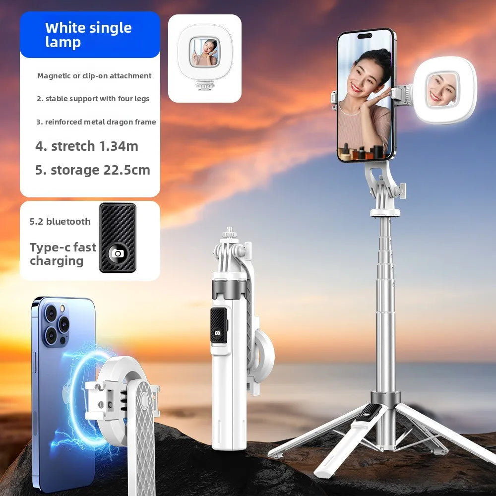 P135 Magnetic Bluetooth Selfie Stick Tripod, Universal Phone Floor Stand with 4-Leg Stable Base, Wireless Remote Photo Shooting,